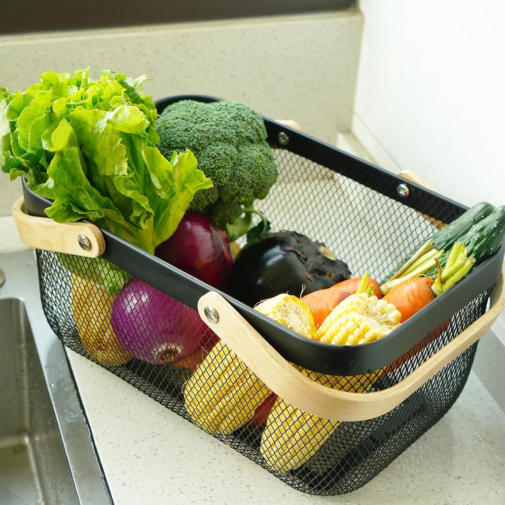 Metal Mesh Steel Harvest Basket, Wire Garden Basket with Handle | Rectangle Multi-functional Storage Organizer for