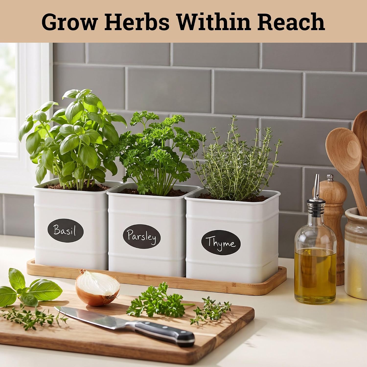 Herb Planter Indoor, 3-pc Herb Pots w/ Drainage Holes, Bamboo Tray & Labels | Iron Herb Pots, Varnished Bamboo Tray