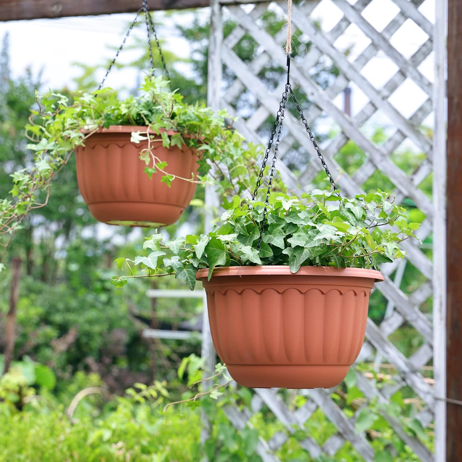 YIKUSH 12 Inch Hanging Planters for Outdoor Plants, 2 Pack Plastic Hanging Flower Pots with Drainage Hole & Tray
