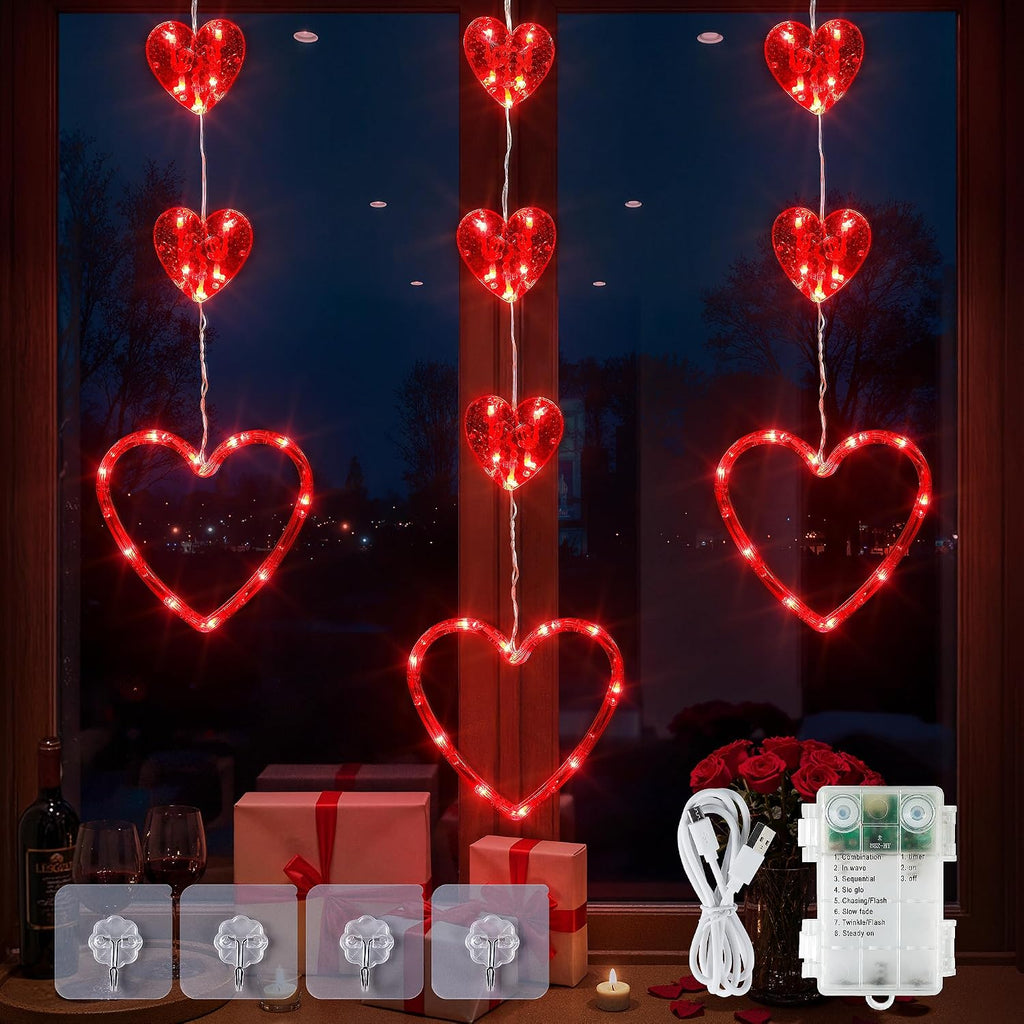Hanging Window Lights, 65 LED Red Heart Shape