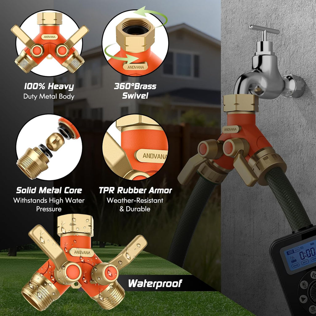 Hose Splitter 2 Way Heavy Duty, Garden Hose Splitter- Full Metal Body Y Type with Dual Shut Off Valves, 3/4" Standard