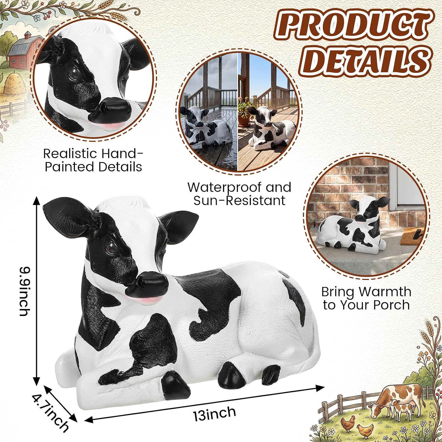 Cow Porch Statue Small Cute Figurines for Porch, Resin Farmhouse Decor for Yard, Garden, Patio, Outdoor, Indoor