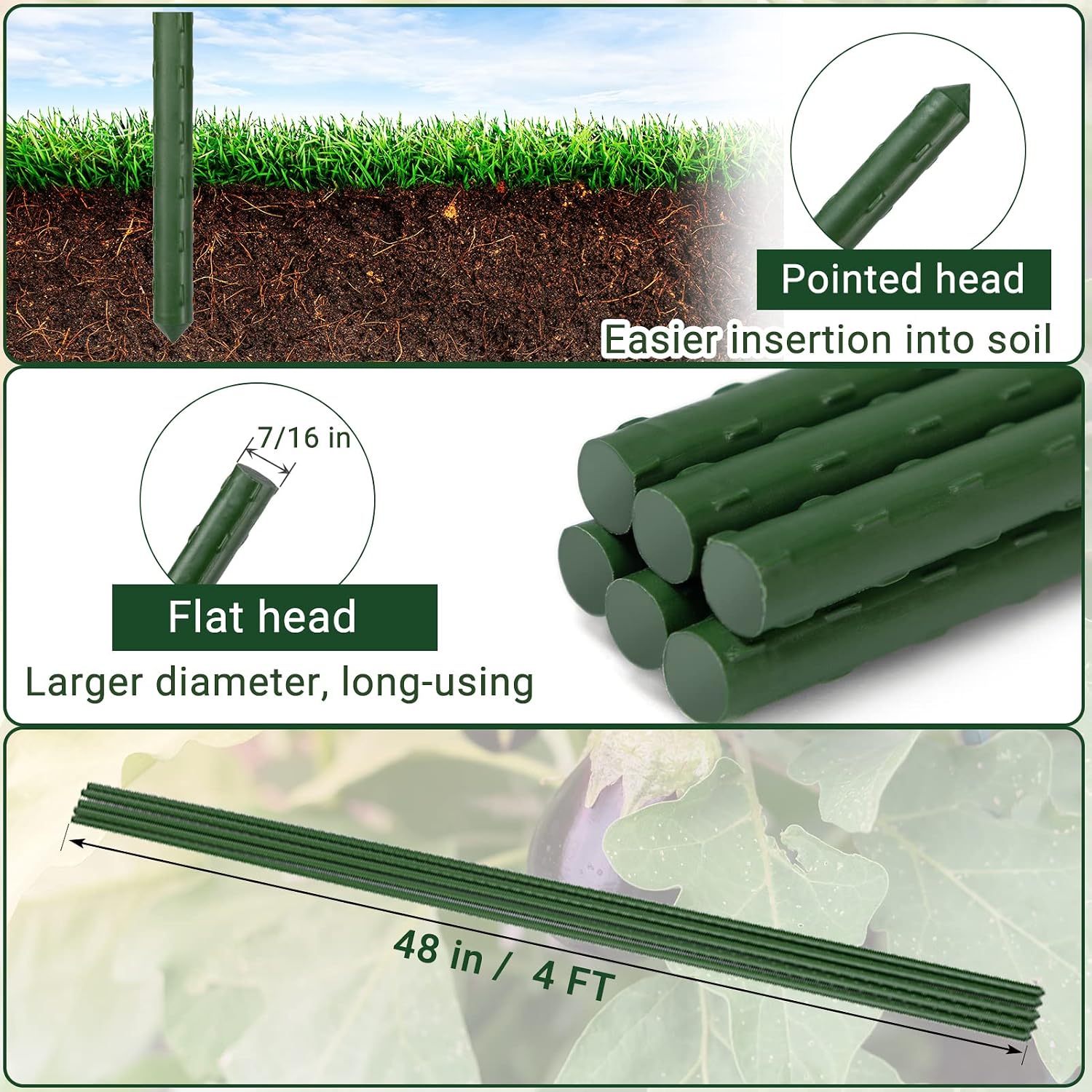 Garden Stakes 48'' Plant Sticks, 50PCS Plastic Coated Steel 4ft Plant Stakes Support for Growing Climbing Plants