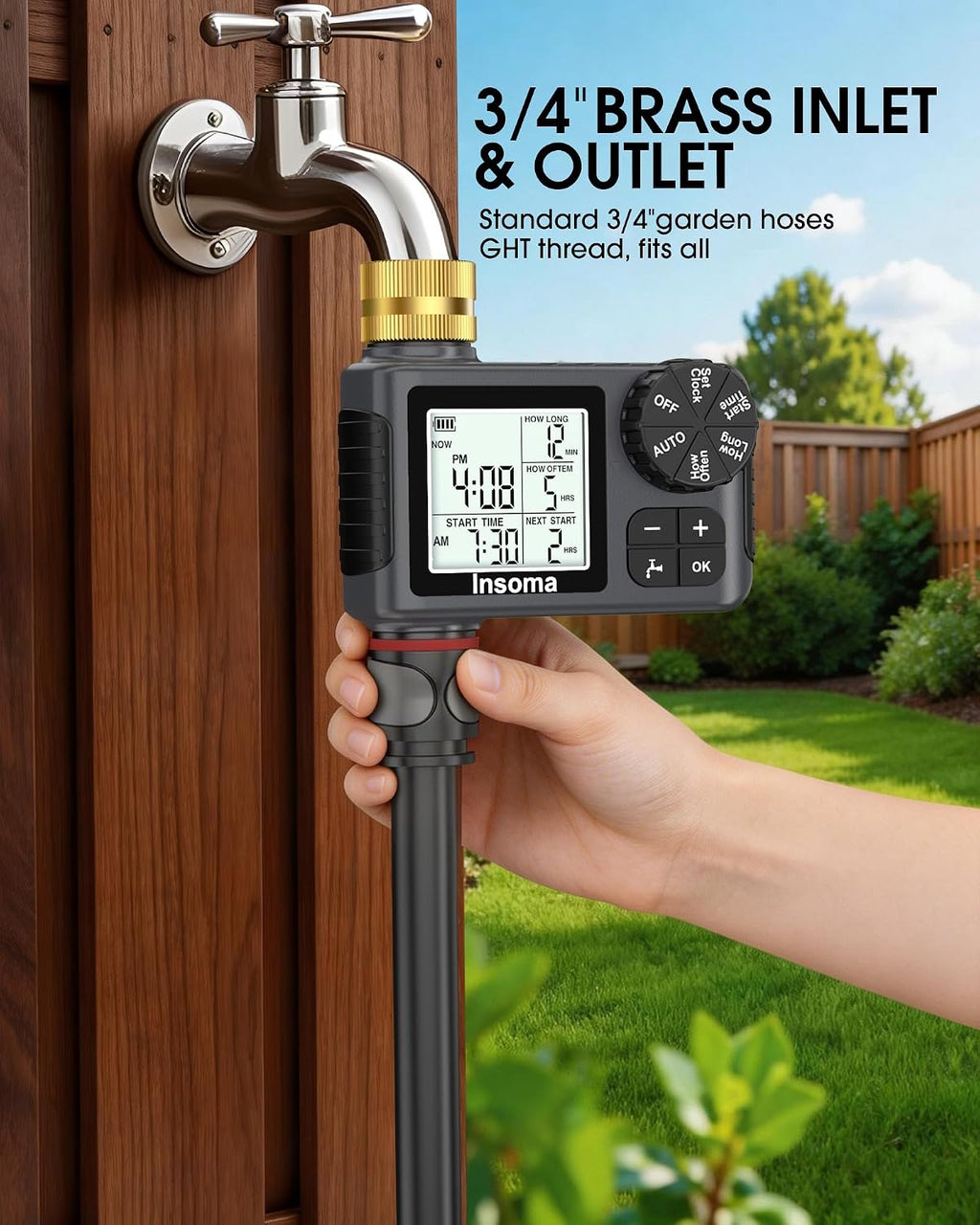 Water Timer for Garden Hose with Brass Inlet, 1 Outlet Sprinkler Timer with Auto/Manual/Rain Delay Mode, Large LCD