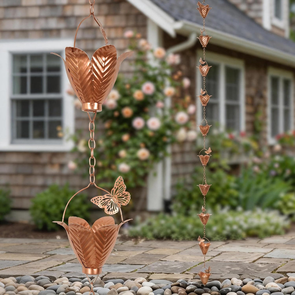 8.75FT Metal Rain Chain for Gutters | Decorative Tulip with Butterfly Cups, Outdoor Downspout Replacement Garden Decor