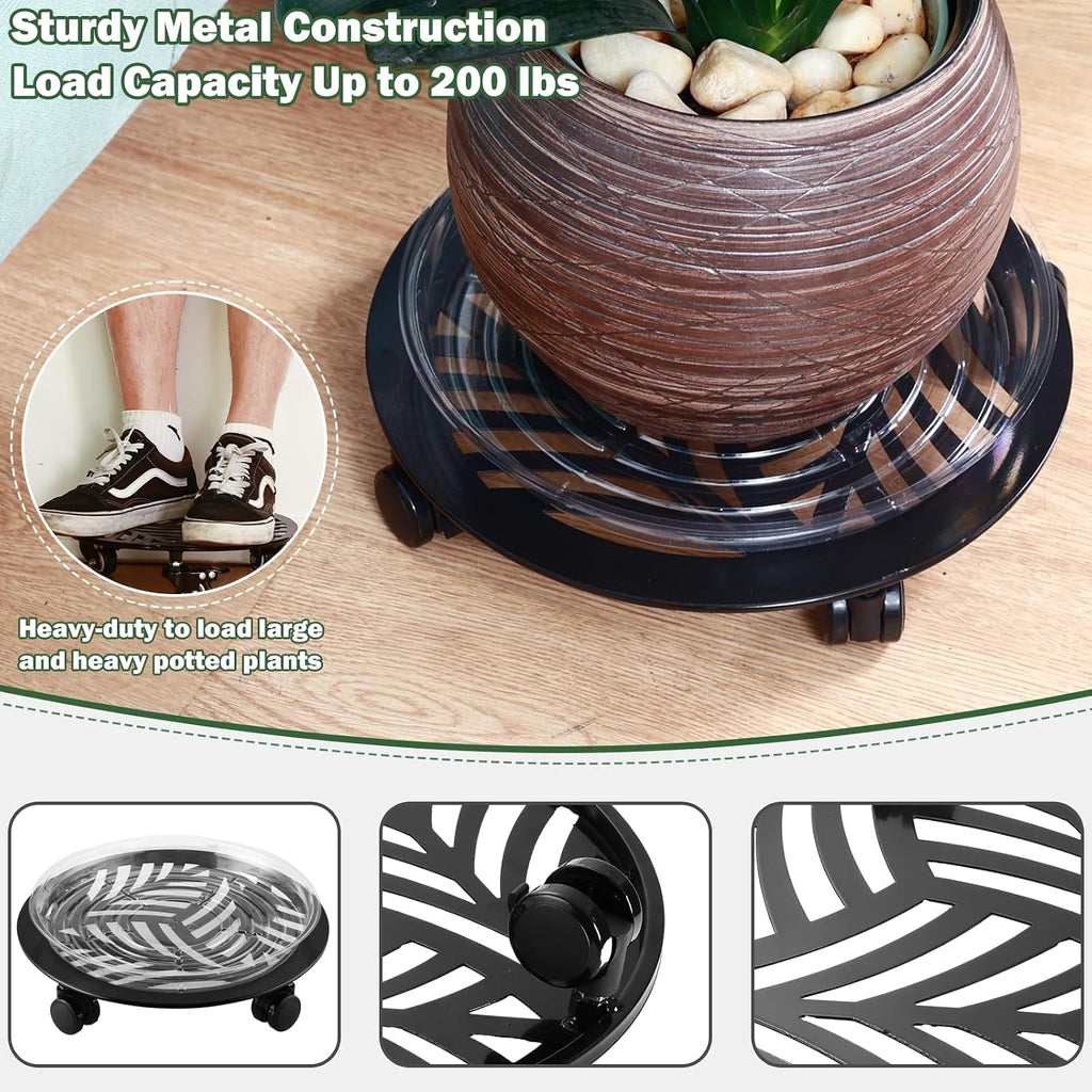 2 Packs Large Metal Plant Caddy with PU Wheels 12" Heavy-Duty Wrought Iron Rolling Plant Stands Indoor Outdoor Wheeled