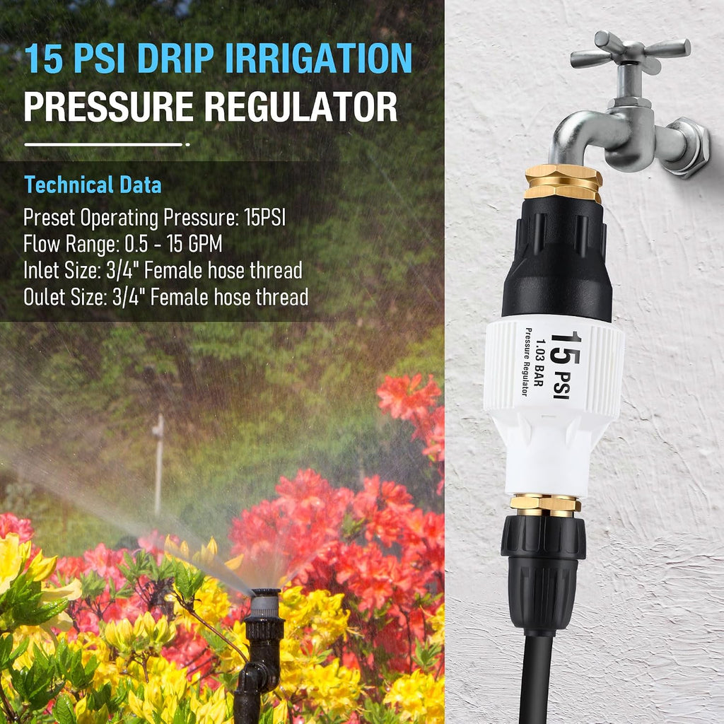 2 Pack Drip Irrigation Pressure Regulator Kit, 15 PSI | 15 PSI Pressure Regulator, Water Backflow Preventer for 3/4"