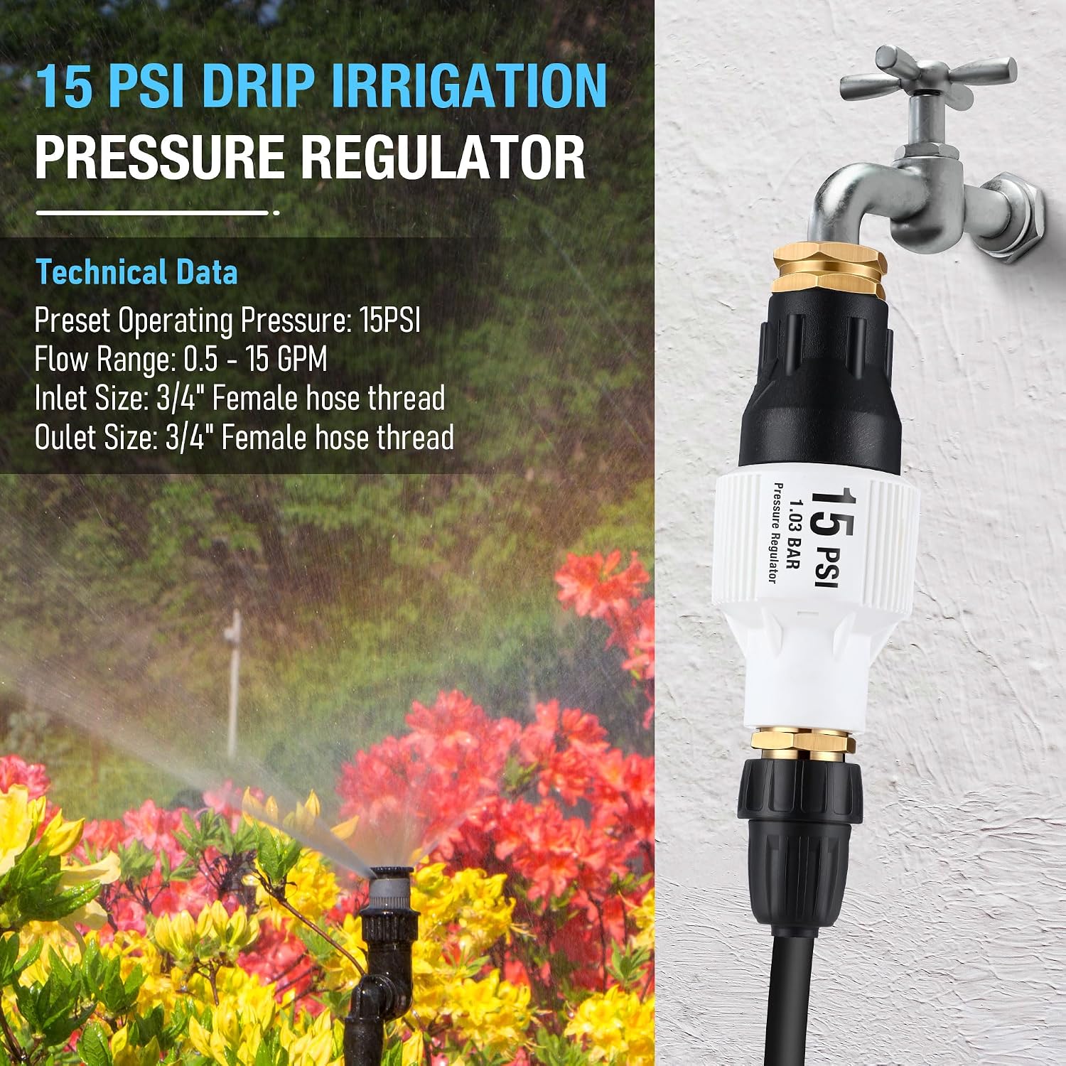 2 Pack Drip Irrigation Pressure Regulator Kit, 15 PSI | 15 PSI Pressure Regulator, Water Backflow Preventer for 3/4"