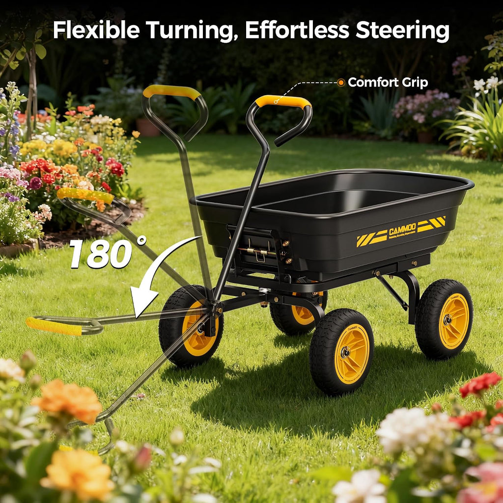 CAMMOO 10 Inch No-Flat Tires 600 lb Garden Dump Cart Wheelbarrow | Quick-Release Dump Bed and 4 Cu.Ft. Tub Move Mulch