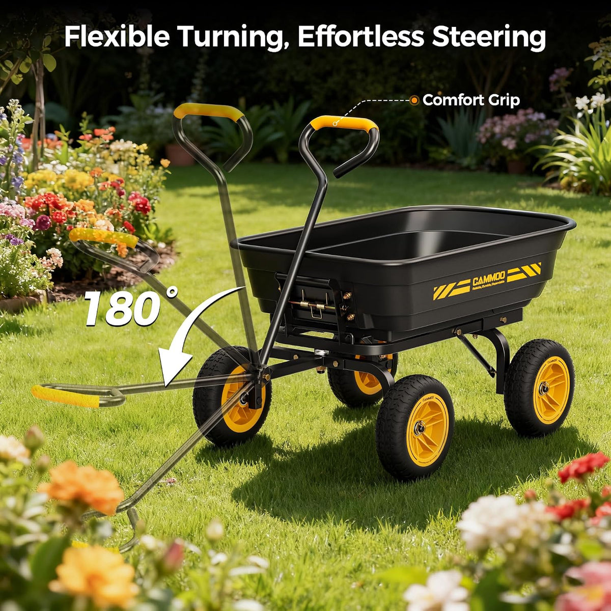 CAMMOO 10 Inch No-Flat Tires 600 lb Garden Dump Cart Wheelbarrow | Quick-Release Dump Bed and 4 Cu.Ft. Tub Move Mulch