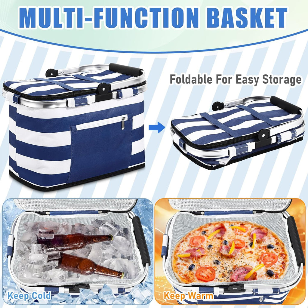 Teenyyou 35L Large Insulated Picnic Basket with Blankets Kit Shopping Basket Cooler Bag Leakproof Collapsible Portable