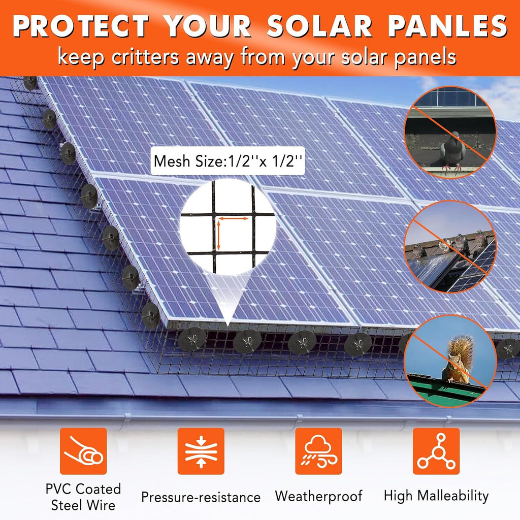 6in x 50ft Solar Panel Bird Guard & Critter Guard Mesh Kit, PVC Coated Wire Mesh Bird Wire with 60 Clips, 100 Cable