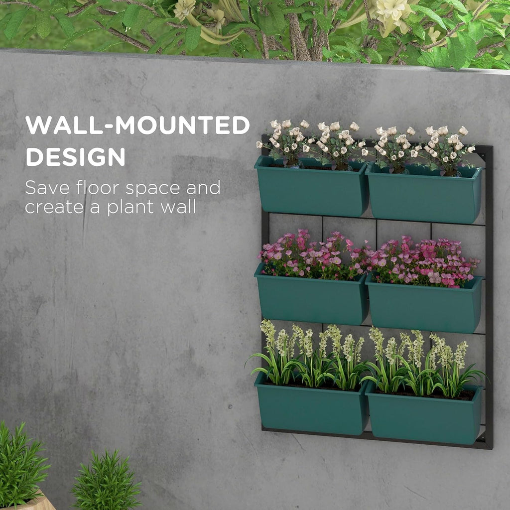Outsunny 3-Tier Wall Planter w/ 6 Pots, Outdoor Hanging Planter, Green | Indoor Outdoor Use, Self-Draining