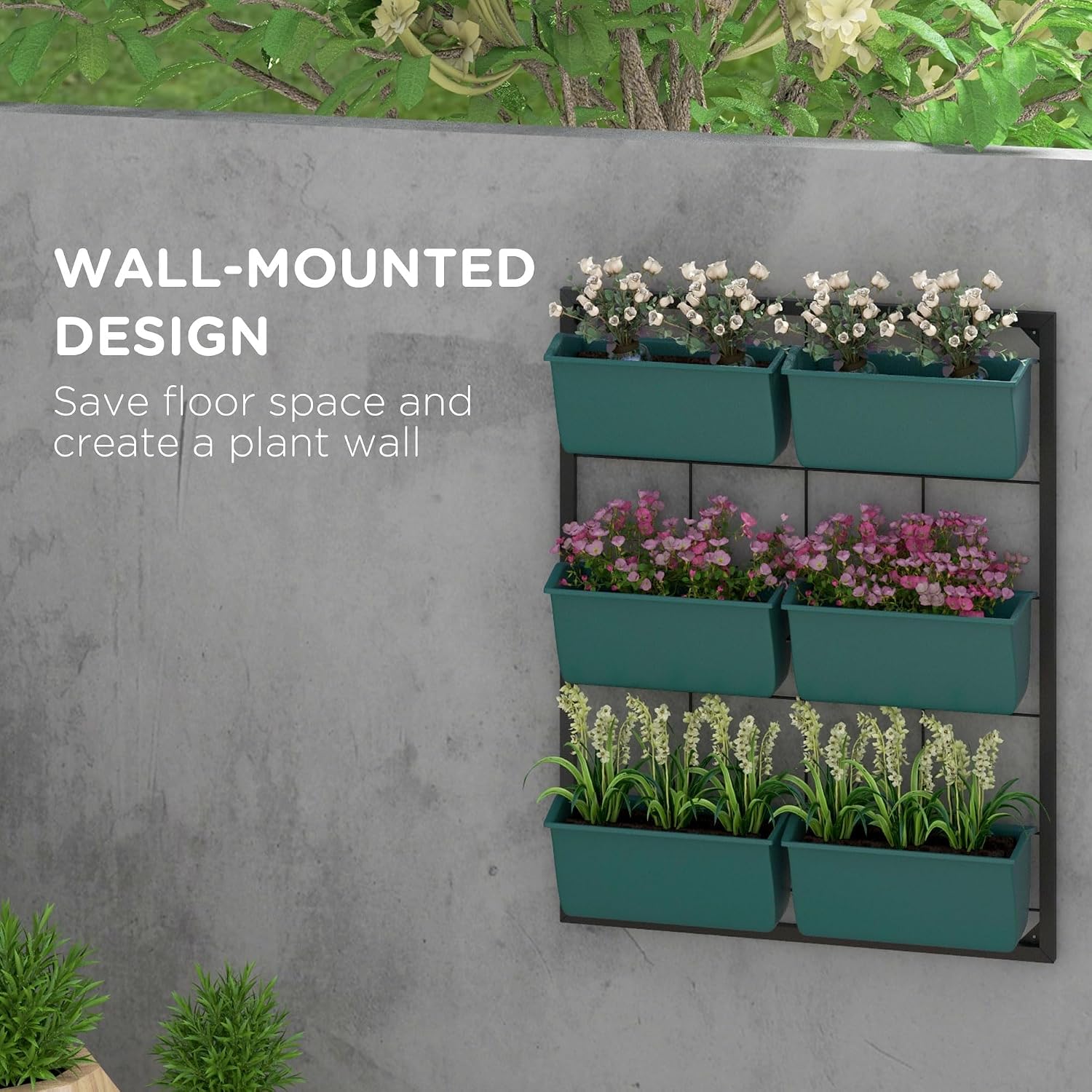 Outsunny 3-Tier Wall Planter w/ 6 Pots, Outdoor Hanging Planter, Green | Indoor Outdoor Use, Self-Draining