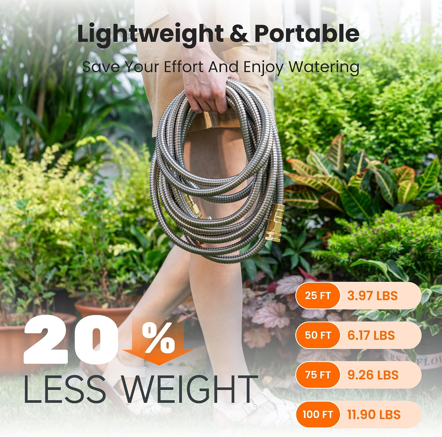 Giraffe Tools Garden Hose 50ft x 5/8", 304 Stainless Steel Metal Water Hose | Kink Free Garden Water Hose with 9