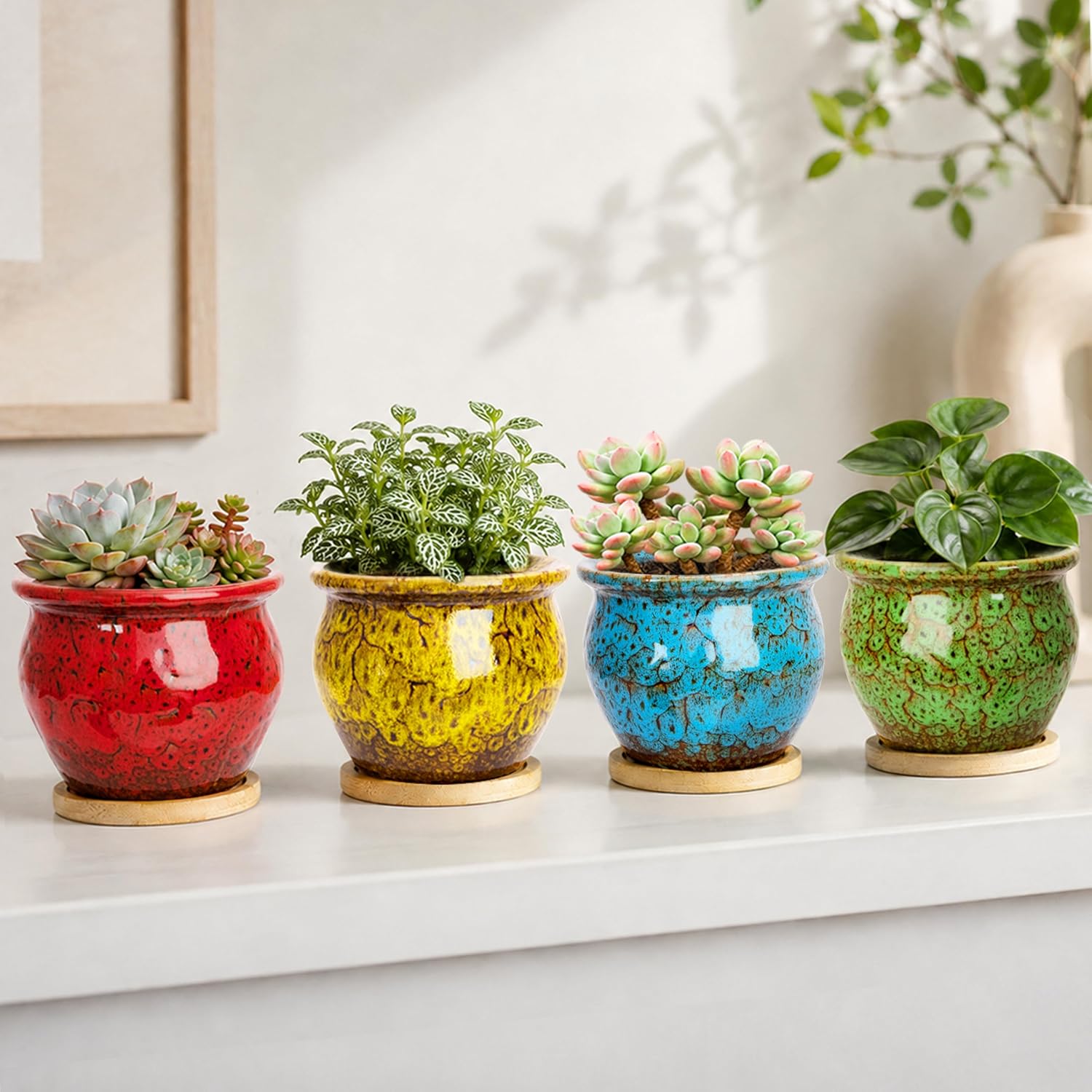 ARTKETTY Succulent Pots, 4.5'' Small Plant Pots with Drainage Tray | Glazed Flower Pots Set of 4, Ceramic Pots for