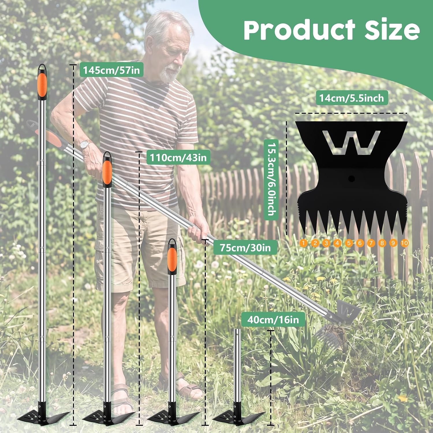 Larger Weed Puller Tool with Long Handle, 2-in-1 Heavy Duty Weed Rake & Hoe | 10 Teeth Weeding Rake, 57" Long Handle