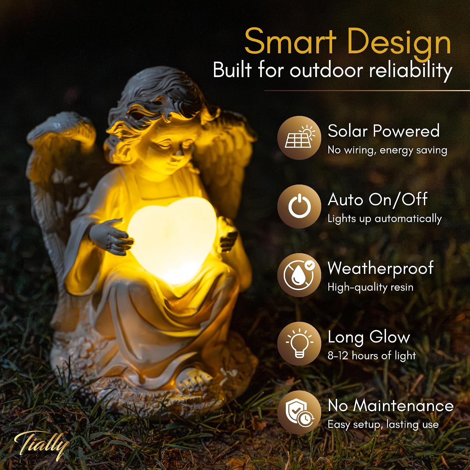 Solar Angel Garden Statue with Heart, 12" Memorial Light Up Angel | Glowing Lighted Heart Bright Every Night