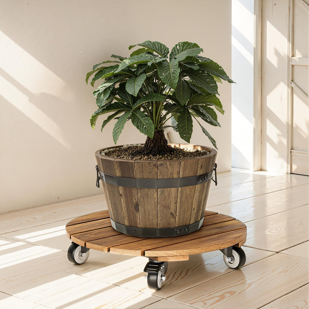 2PCS Acacia Round Plant Caddy, 360° Lockable Wheels, Natural, 14-Inch