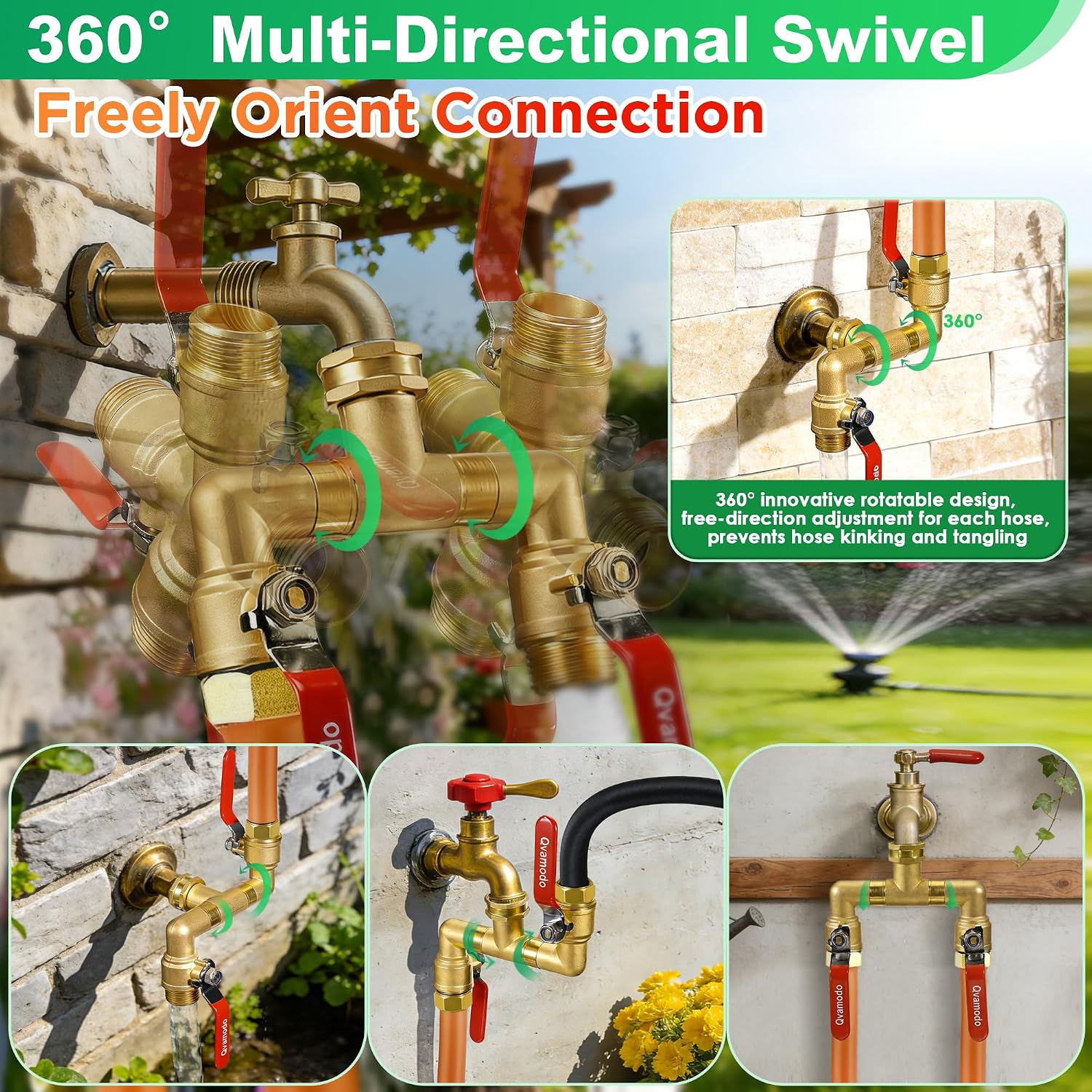 360° Rotatable Garden Hose Splitter 2026 Upgrade 3/4" GHT Swivel Brass Hose Splitter, High Flow Spigot Splitter with