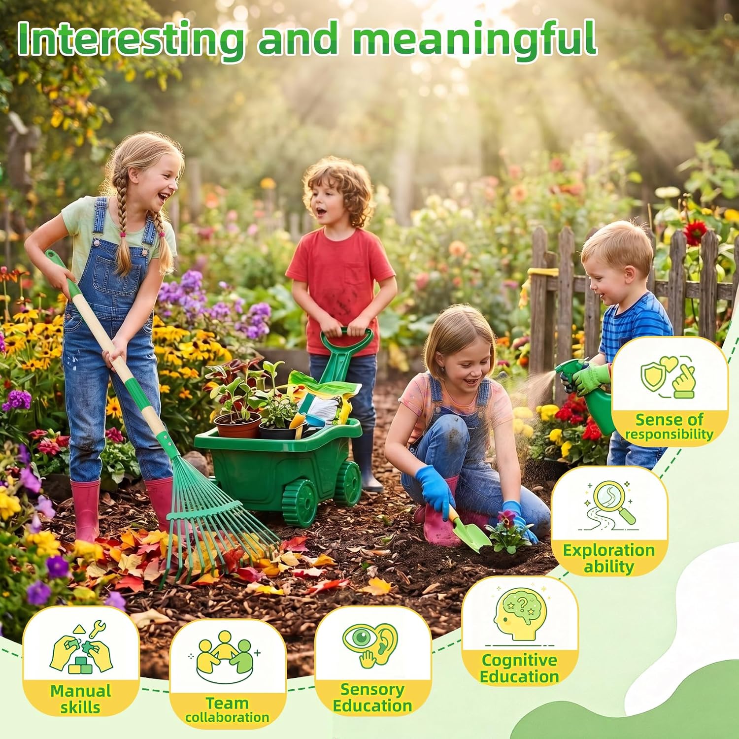 10pcs Kids Gardening Tools Set - Wheelbarrow Set for Kids3-8 | Wheelbarrow Toys with Shovel,Rake,Hoe and Watering,STEM