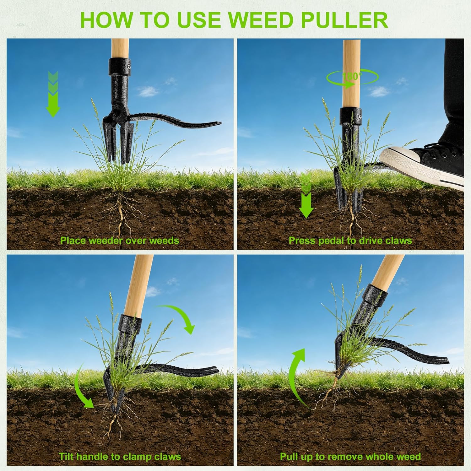 Stand Up Weed Puller Tool, Real Bamboo Long Handle 4-Claw Steel Head Weeder | 31"-44.5" Adjustable Height, Heavy Duty