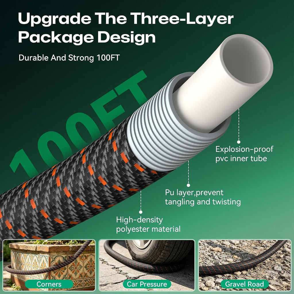 Garden Hose 100ft NON-EXPANDABLE Water Hose, 3-Layer Lightweight Nylon Braided Hose for Yard, Car Wash & Pet Shower