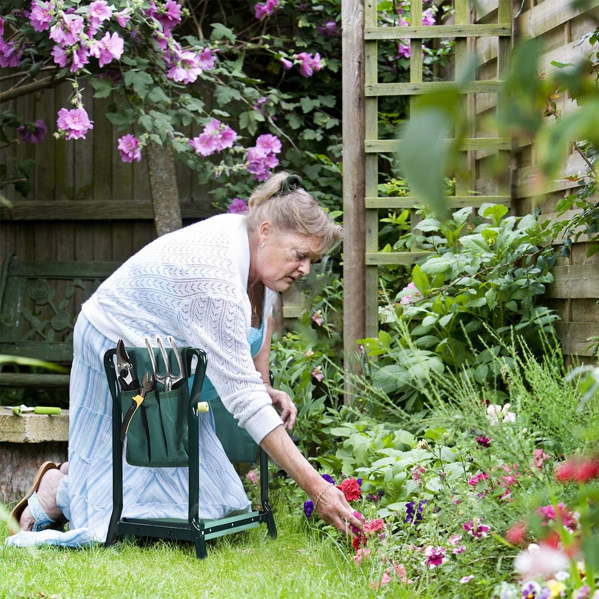 2-in-1 Garden Kneeler & Seat, Folding Seat w/EVA Foam Kneeling Pad & Removable Tools Pouch, Sturdy Steel Frame, No