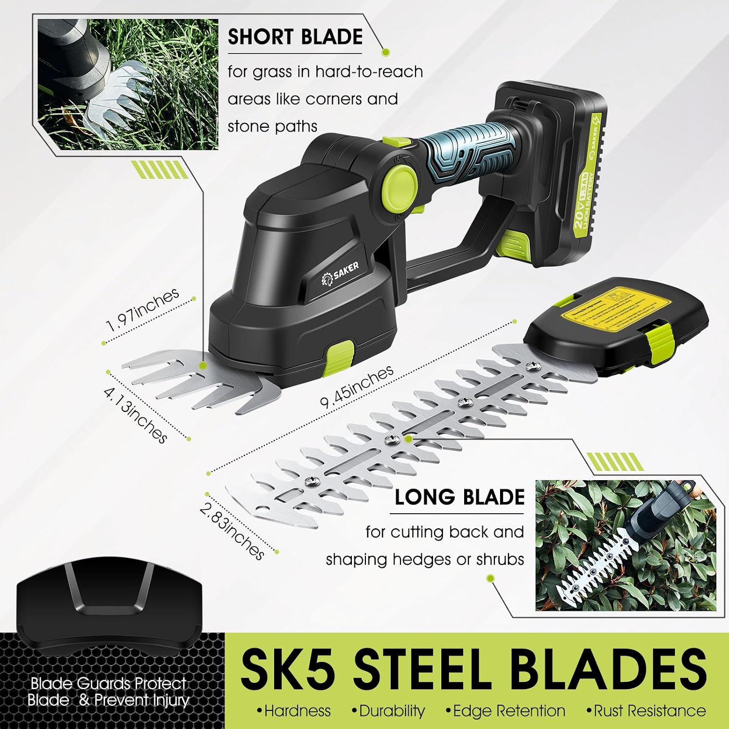 Saker 20V Cordless Hedge Trimmer,2 in 1 Bush Trimmer with 2 Battery | Electric Shrub Trimmer Grass Shears , Handheld