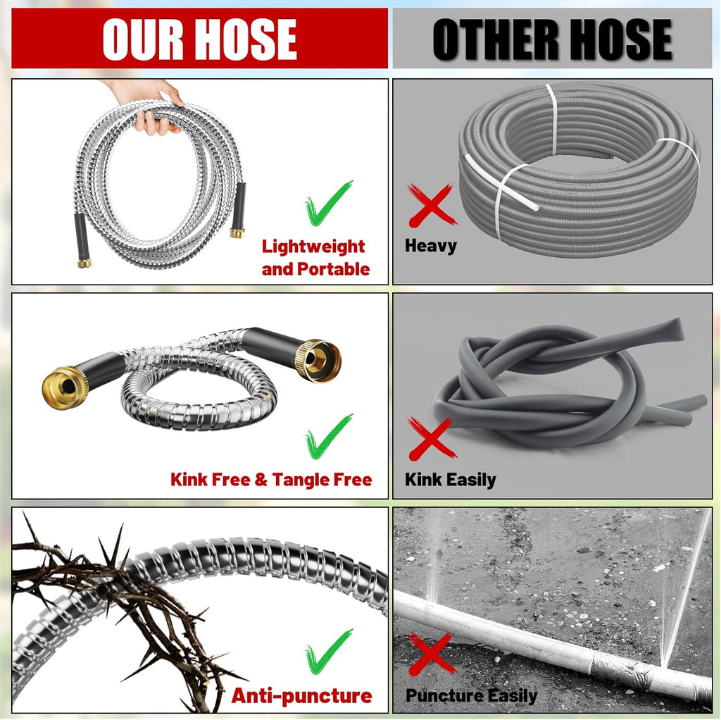 Beitopamz 100 ft Garden Hose, Stainless Steel Metal Water Hose with Nozzle, Flexible and Durable, Rust Proof, No-Kink