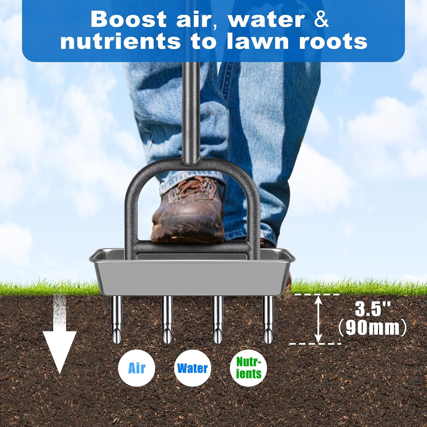 Lawn Coring Aerator Tool, 4 Core Stainless Steel Manual Aerator | Removes Soil Plugs, Soft Rubber Grip, Durable