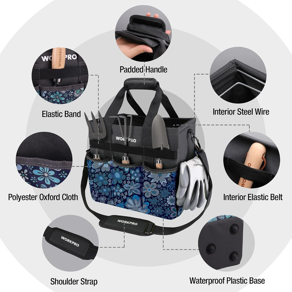 WORKPRO Garden Tool Bag, 10 Pockets and Shoulder Strap, Floral Blue | Heavy Duty Gardening Organizer Tote Bag Standable