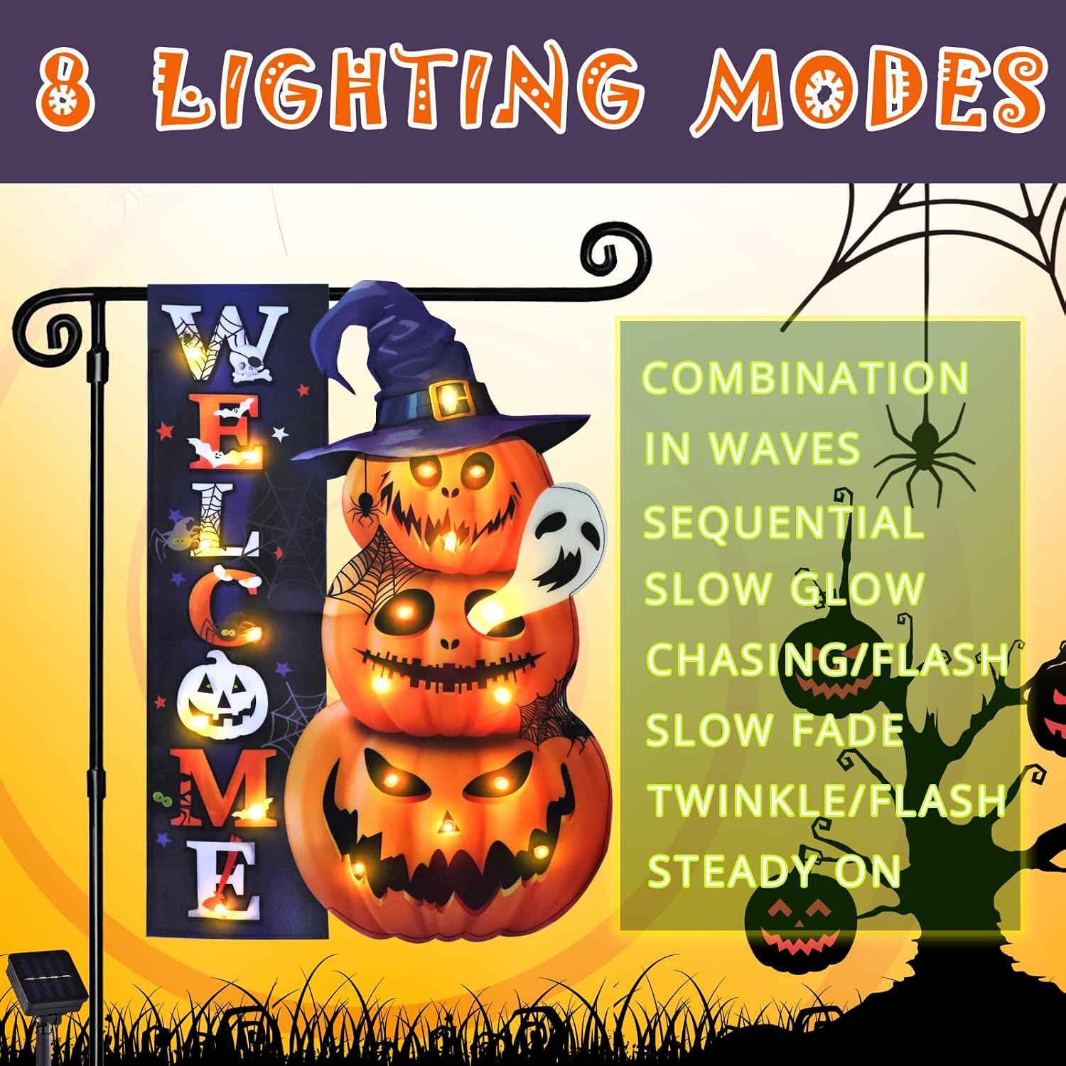 Halloween Lighted Garden Flag, Pumpkin Yard Decor, 12x18 In | Solar Powered, 8 Modes, Double Sided, Welcome Pumpkin