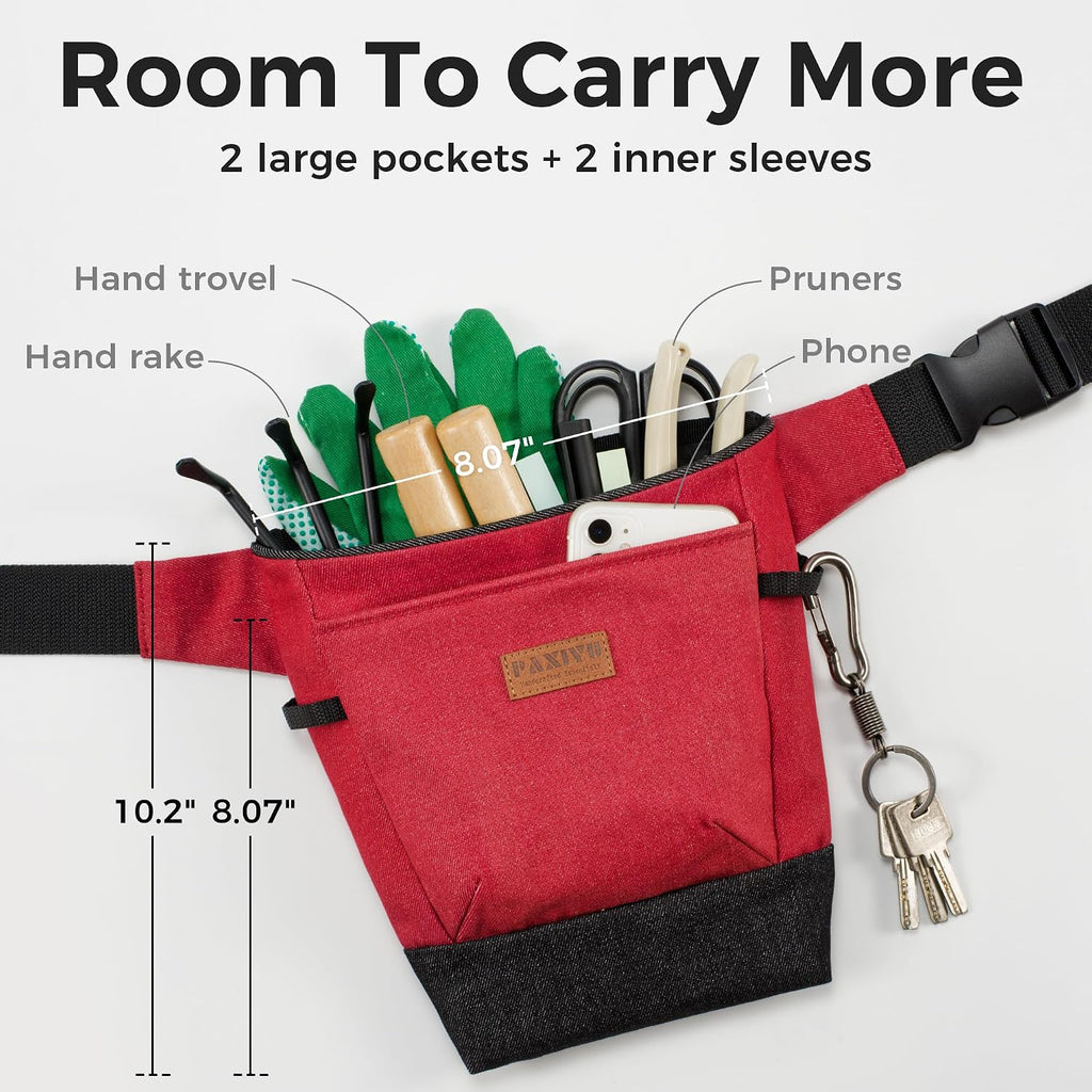 Garden Tool Belt for Women & Men, Burgundy Red Denim Apron with Pockets, Structured Opening, 2 Large Pockets + 2 Inner