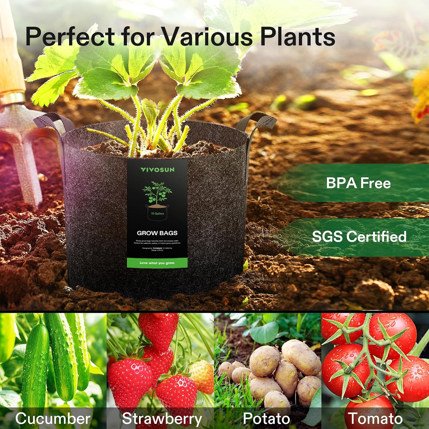 VIVOSUN 5-Pack 15 Gallon Plant Grow Bags Fabric Pots with Handles | 300G Thickened Nonwoven Fabric, Excellent Drainage
