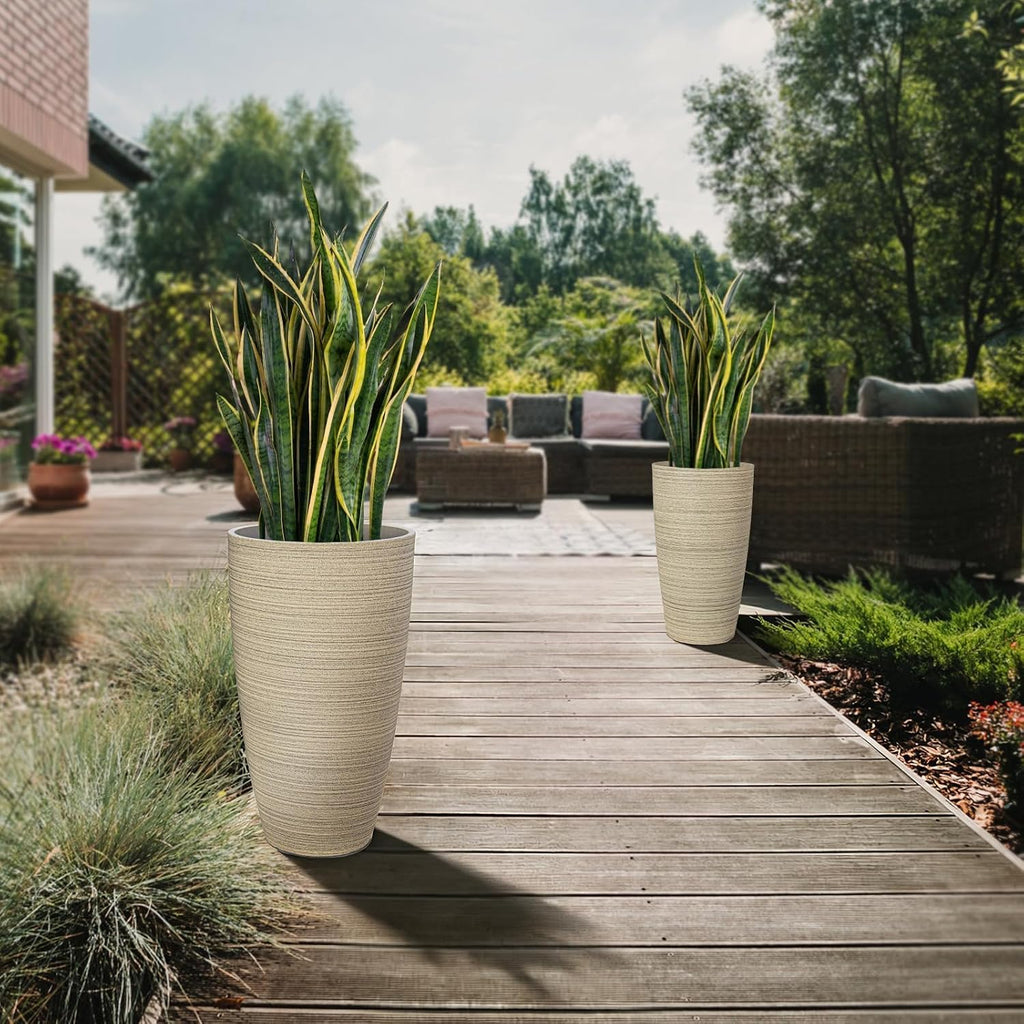 ZMTECH 4 Pack Plastic Planters 21/18/12/10in, Beige Faux Stone Finish Round Flower Pots with Drainage Holes & Saucers