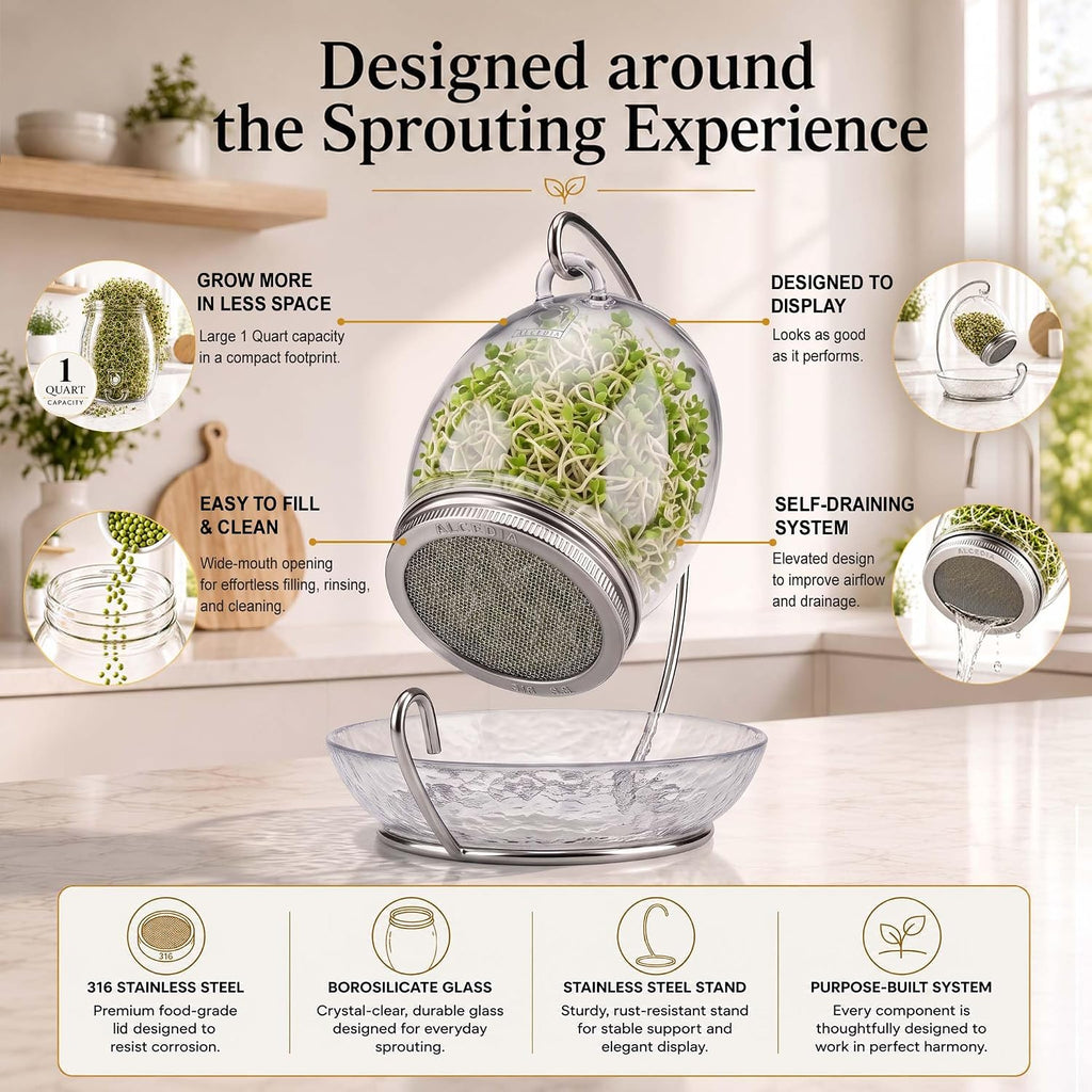 Premium Sprouting Jar Kit - Unique 30 oz Wide Mouth Sprouting Jar, Stand, Tray and 316 Stainless Screen Lid