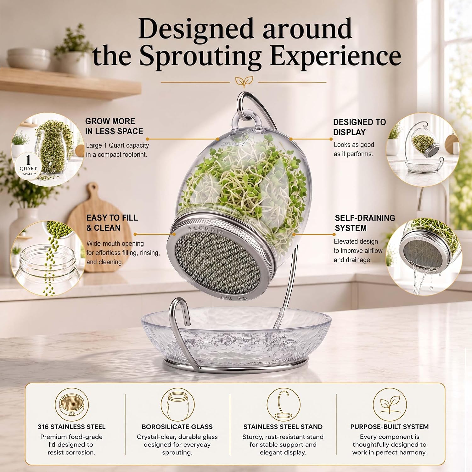 Premium Sprouting Jar Kit - Unique 30 oz Wide Mouth Sprouting Jar, Stand, Tray and 316 Stainless Screen Lid