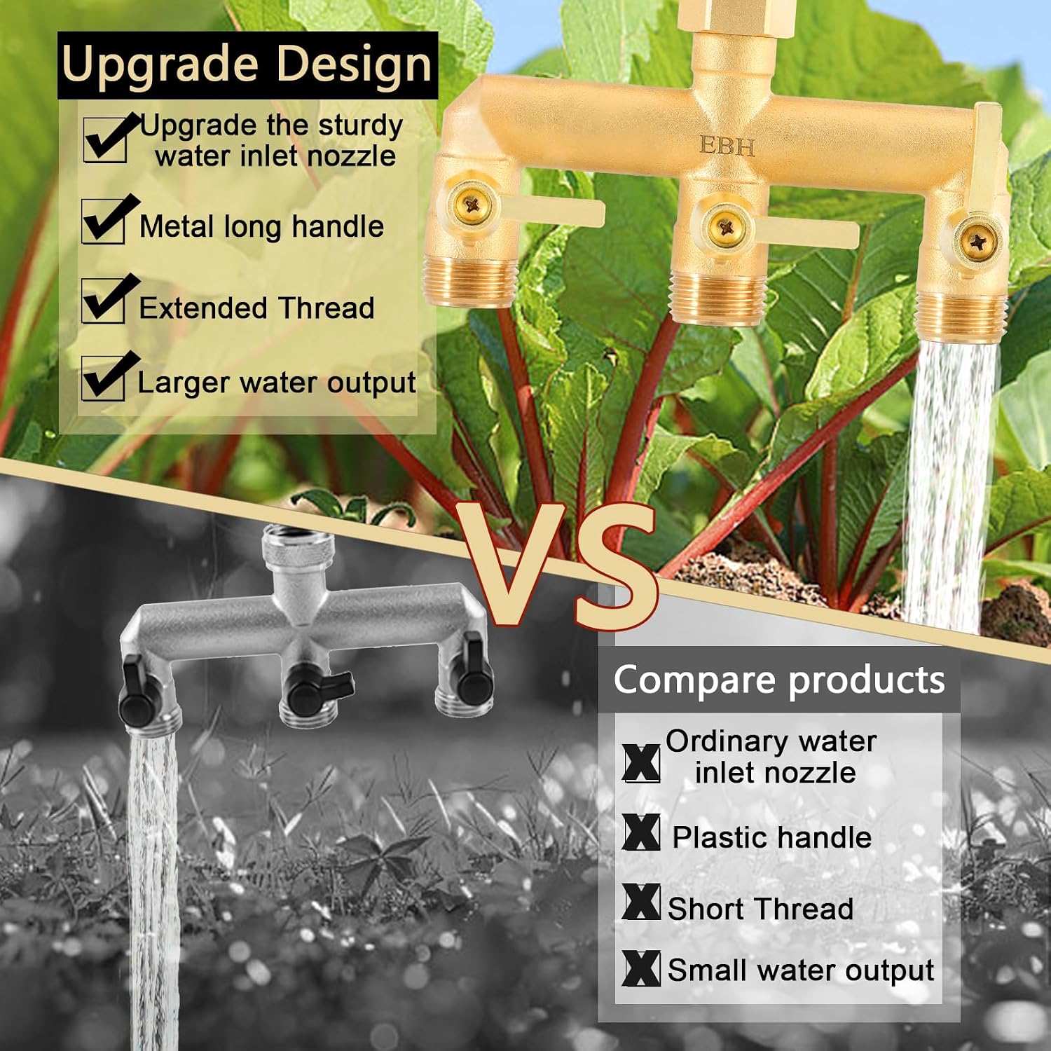 EBH Brass Garden Hose Splitter, 3 Way High Flow Outdoor Faucet Splitter,Full Flow 3-Way Brass Heavy Duty Hose Splitter