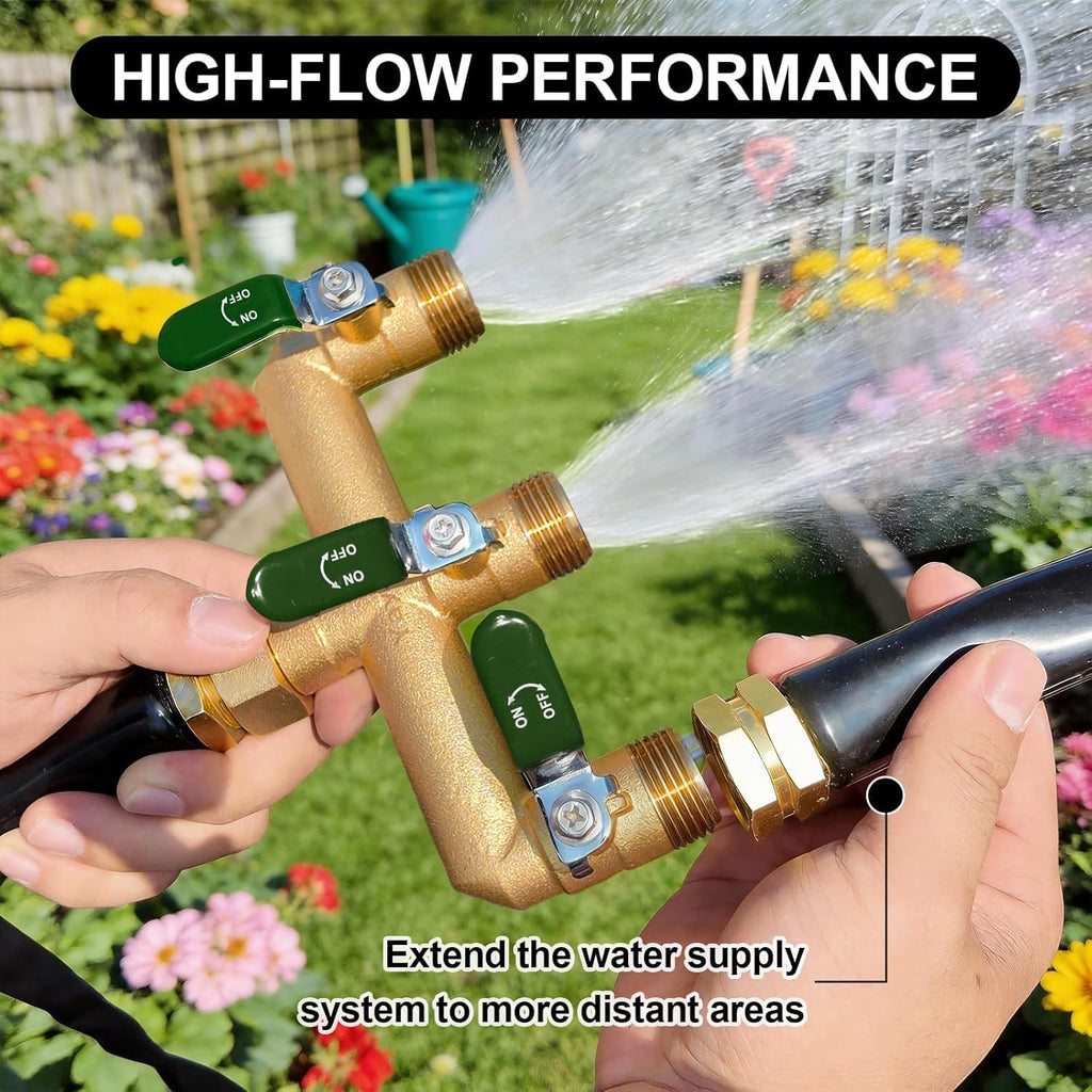 3 Way Garden Hose Splitter, 3/4" GHT Outdoor Water Spigot Splitter | Heavy Duty Solid Brass Body with Shut-off Valves &