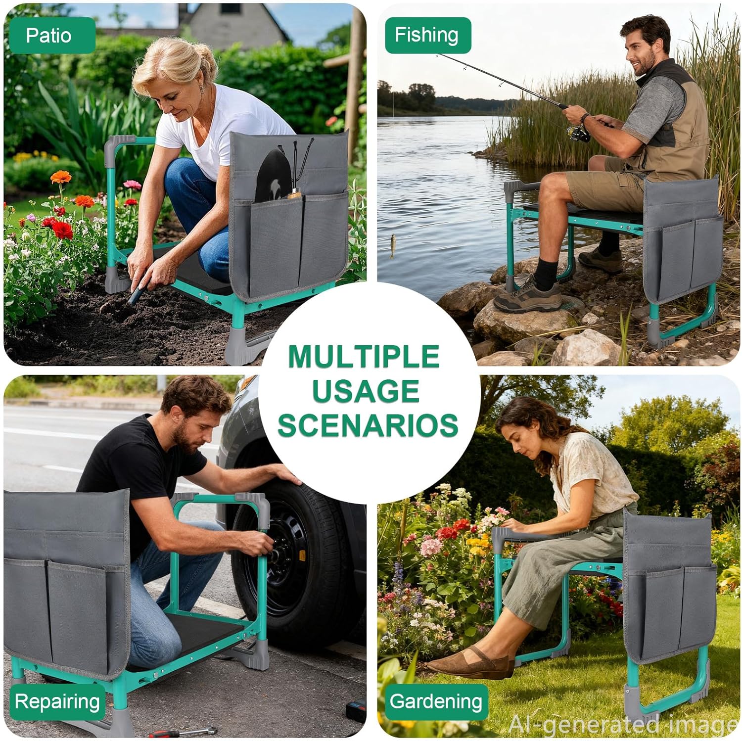 Garden Kneeler and Seat 2-in-1 Foldable Bench, with Storage Bags & Non-Slip Foam Pad