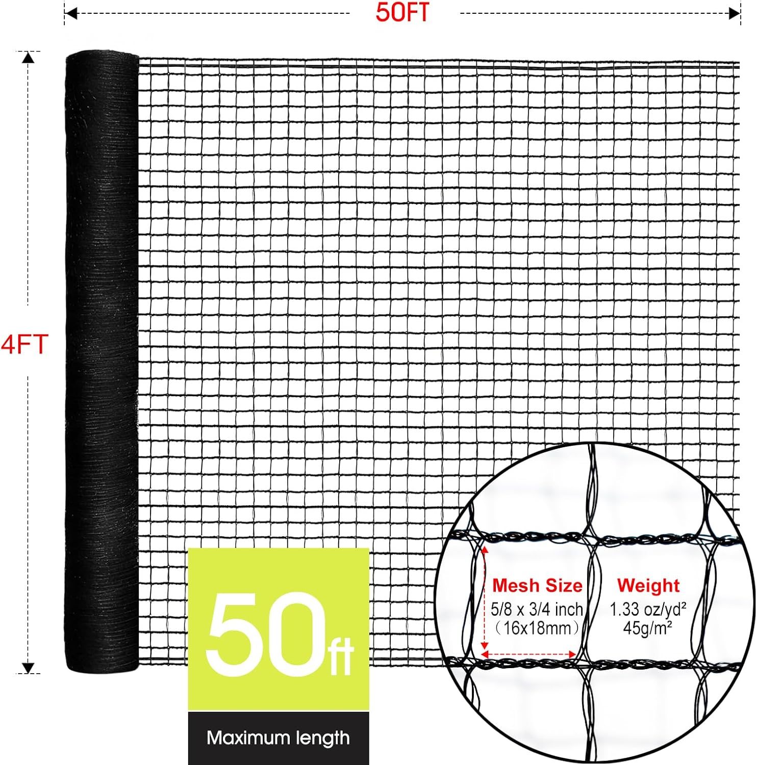RIFNY Deer Fence, Temporary Fence for Garden Outdoor Yard, 4 x 50 FT | Plastic Mesh Fencing Netting to Protect Plants