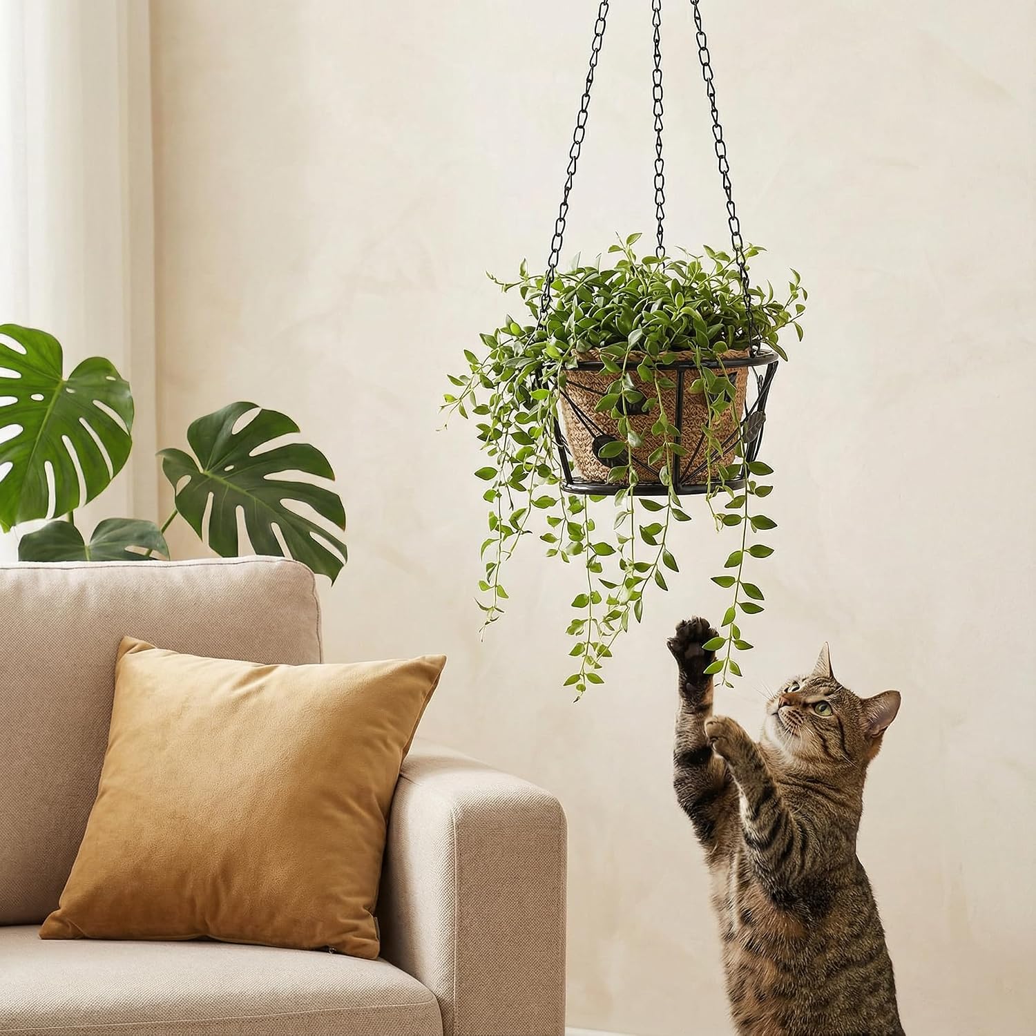 Goaste 2 Pack Metal Plant Hanger, Hanging Plant Holder with Ceiling Hook, Modern Plant Hanging Basket, Decorative
