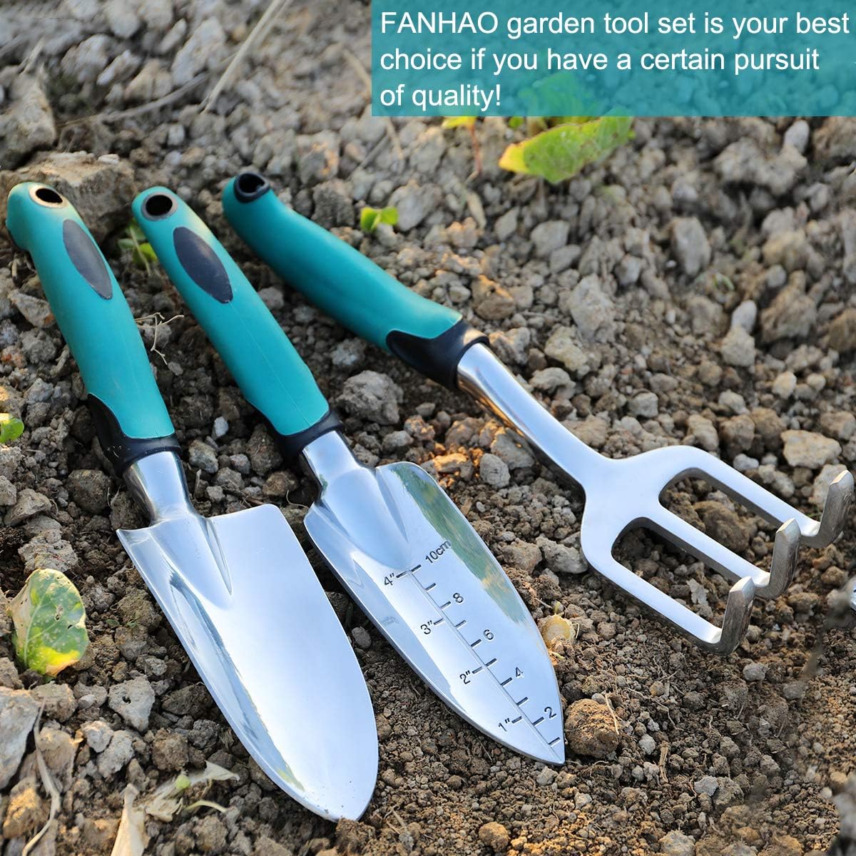FANHAO Garden Tools Set, 3 Piece Heavy Duty Gardening Tools Cast Aluminum with Soft Rubberized Non-Slip Handle, Durable