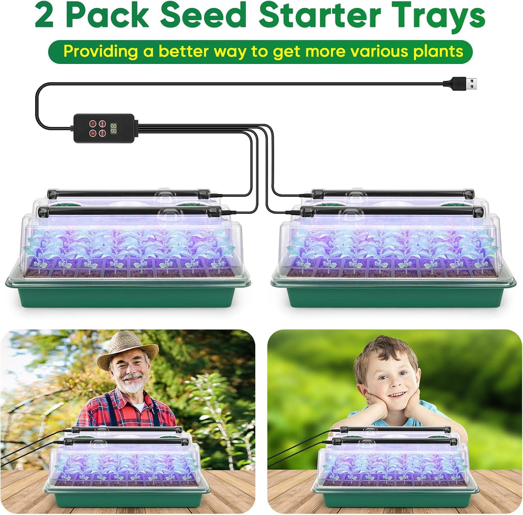 Seed Starter Tray with Grow Light, 1-24H Timer, 2 Pack 80 Cells | Smart Timer, Adjustable Brightness, Seedling Starter