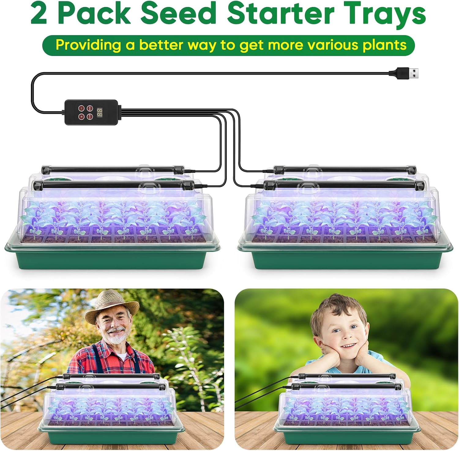 Seed Starter Tray with Grow Light, 1-24H Timer, 2 Pack 80 Cells | Smart Timer, Adjustable Brightness, Seedling Starter