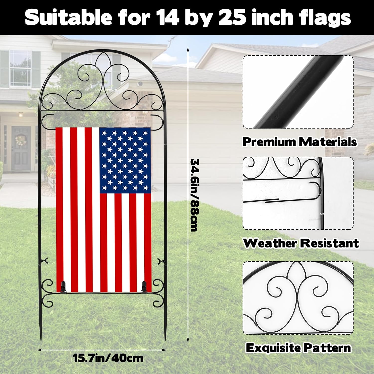Metal Garden Flag Holder Stand, Fits Max 14 x 25 Inch, Black, Rectangular, Rustic, 16" x 39.4"