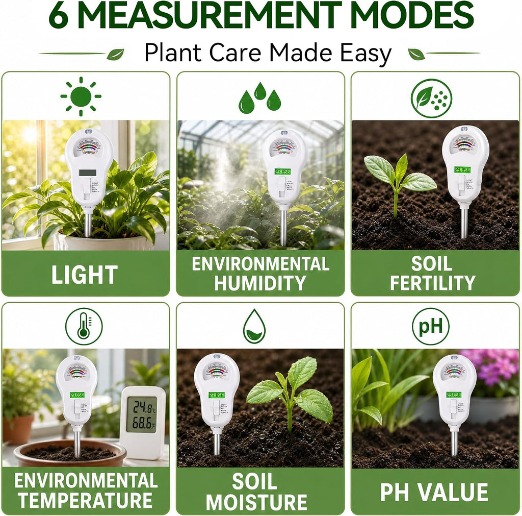 Soil Test Kit, 6-in-1 Soil Moisture Meter, PH/Sunlight/Soil Moisture/Fertility Monitor Indicator Sensor with 4
