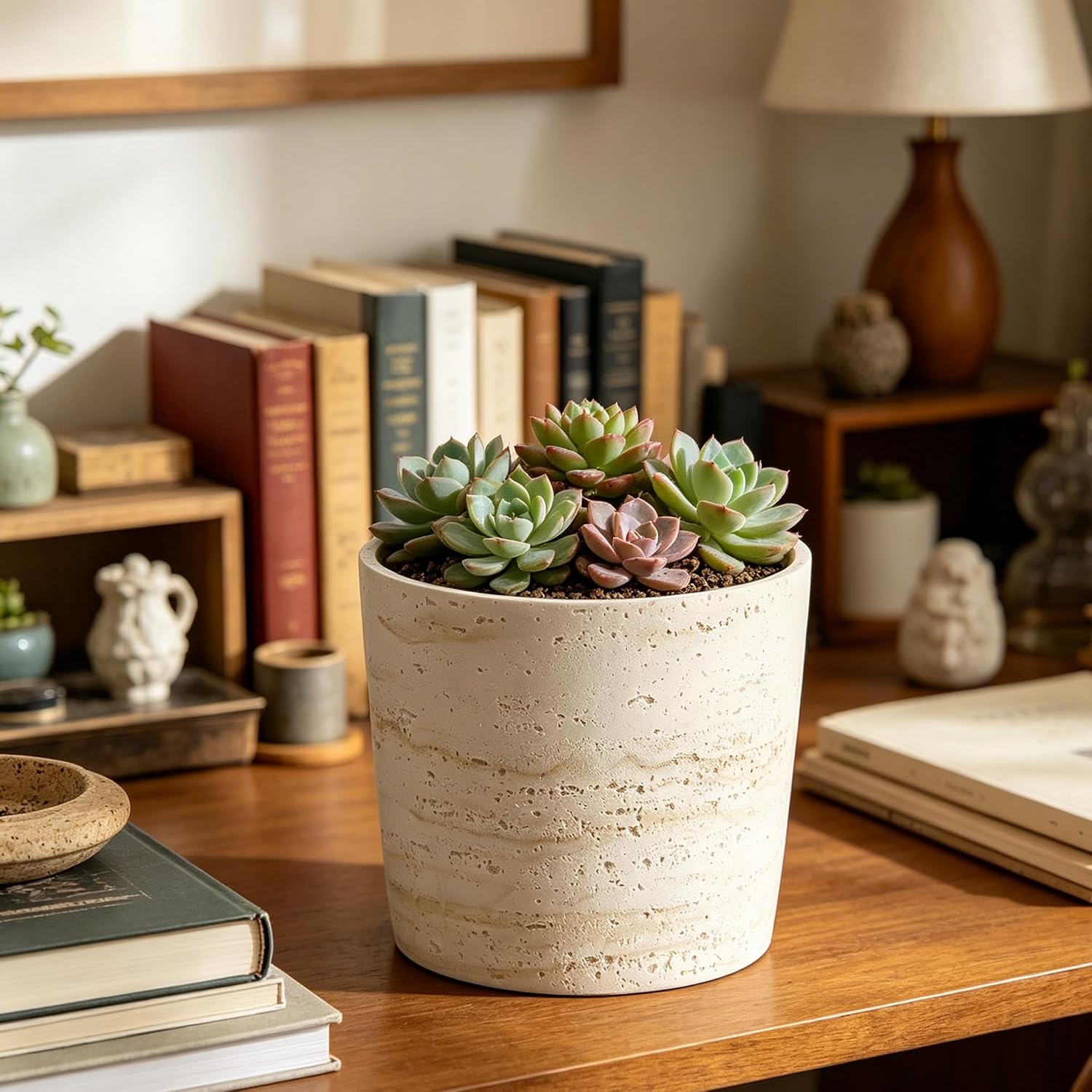 Ekirlin 7 Inch Natural Travertine Textures Plant Pot, Resin Outdoor Planter with Drainage Hole, Removable Rubber