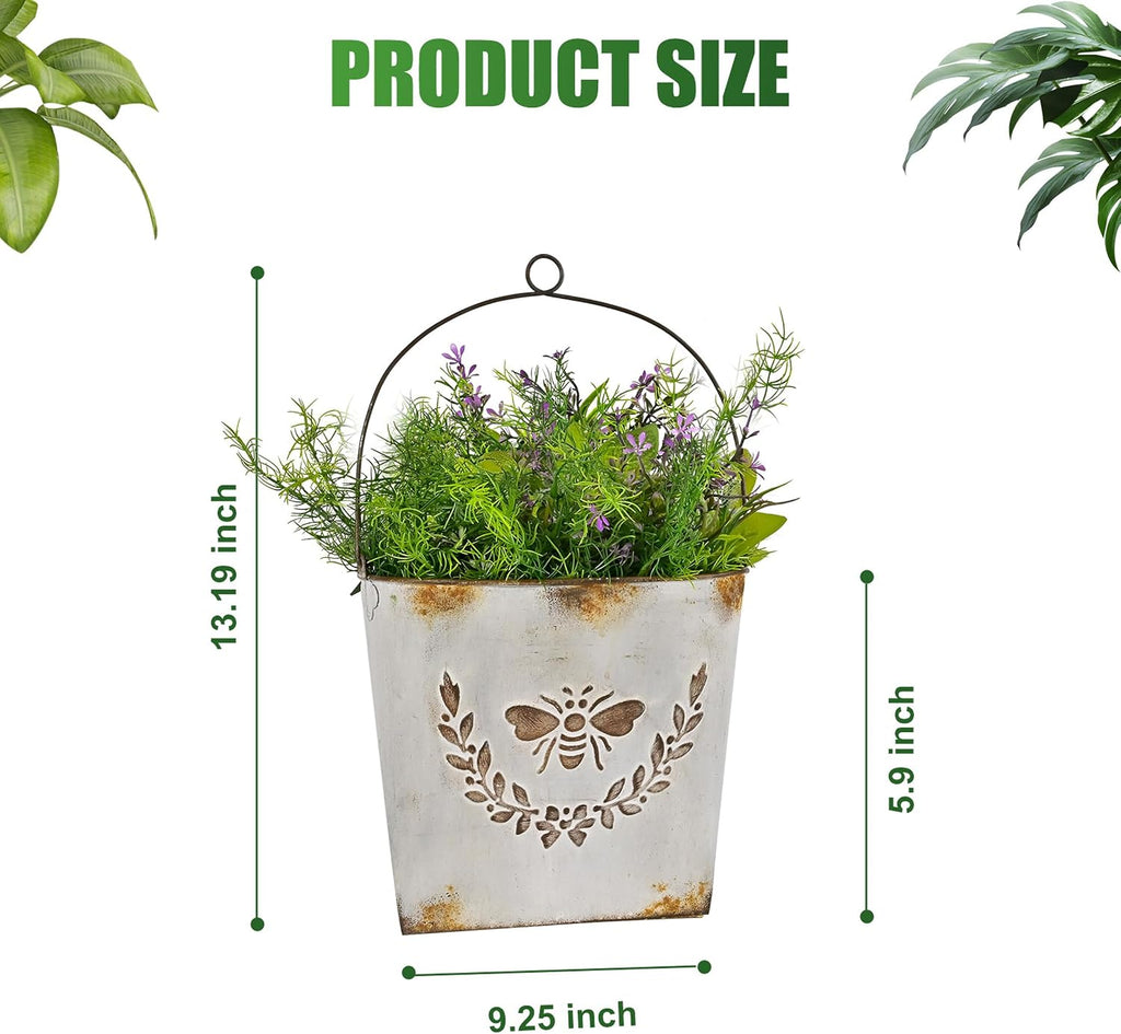 Farmhouse Wall Mount Metal Flower Pots Rustic Galvanized Bee Flower Holder Wall Hanging Pocket Planter for Indoor